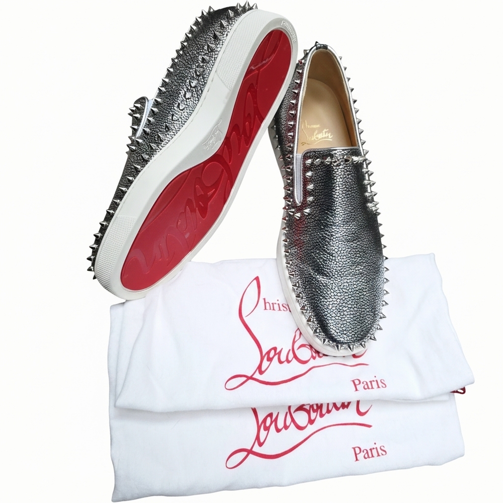 Christian Louboutin Pik Boat Metallic Silver Leather Spiked Slip On Sneakers 40